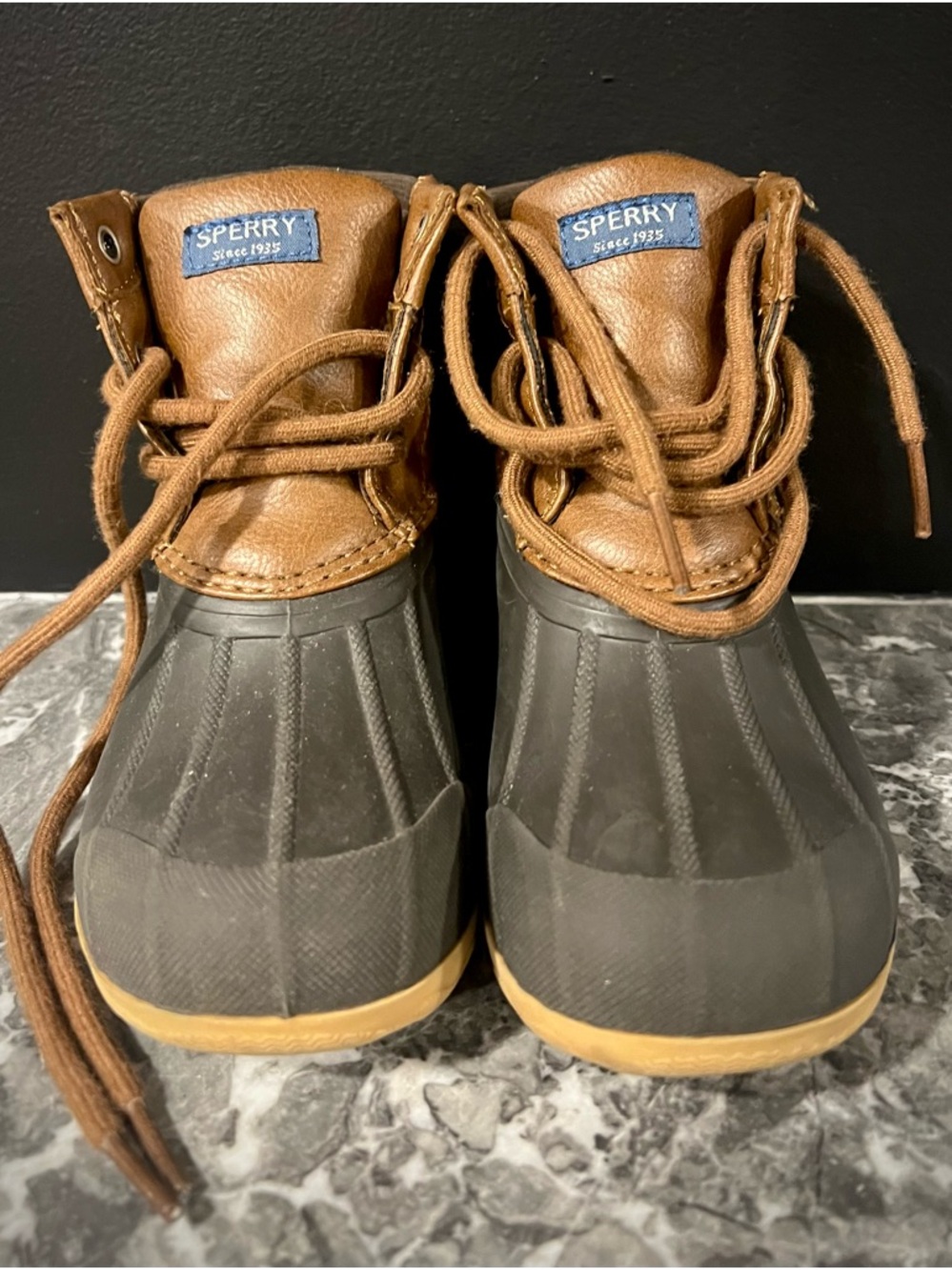 Sperry Kids Brown Leather Collar Black Rubber Duck Boots